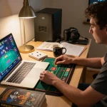 A player enjoying a live dealer game on sc88-bm, surrounded by gaming strategy notes and a coffee mug.
