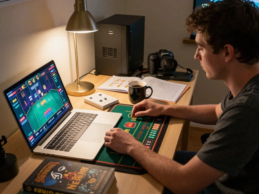A player enjoying a live dealer game on sc88-bm, surrounded by gaming strategy notes and a coffee mug.