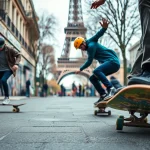 Enseignement de skateboard à l'Ecole de skateboard Paris avec une ambiance urbaine dynamique.