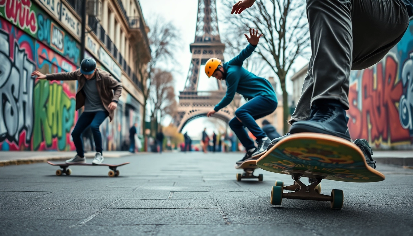 Enseignement de skateboard à l'Ecole de skateboard Paris avec une ambiance urbaine dynamique.