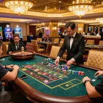 Tabel roulette Toto Macau dengan pemain yang memasang taruhan dan dealer yang sedang beraksi, suasana kasino yang berwarna-warni.