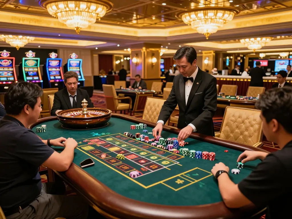 Tabel roulette Toto Macau dengan pemain yang memasang taruhan dan dealer yang sedang beraksi, suasana kasino yang berwarna-warni.