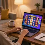 Pemain yang terlibat menikmati slot gacor di laptop di rumah, menampilkan suasana bermain yang nyaman.