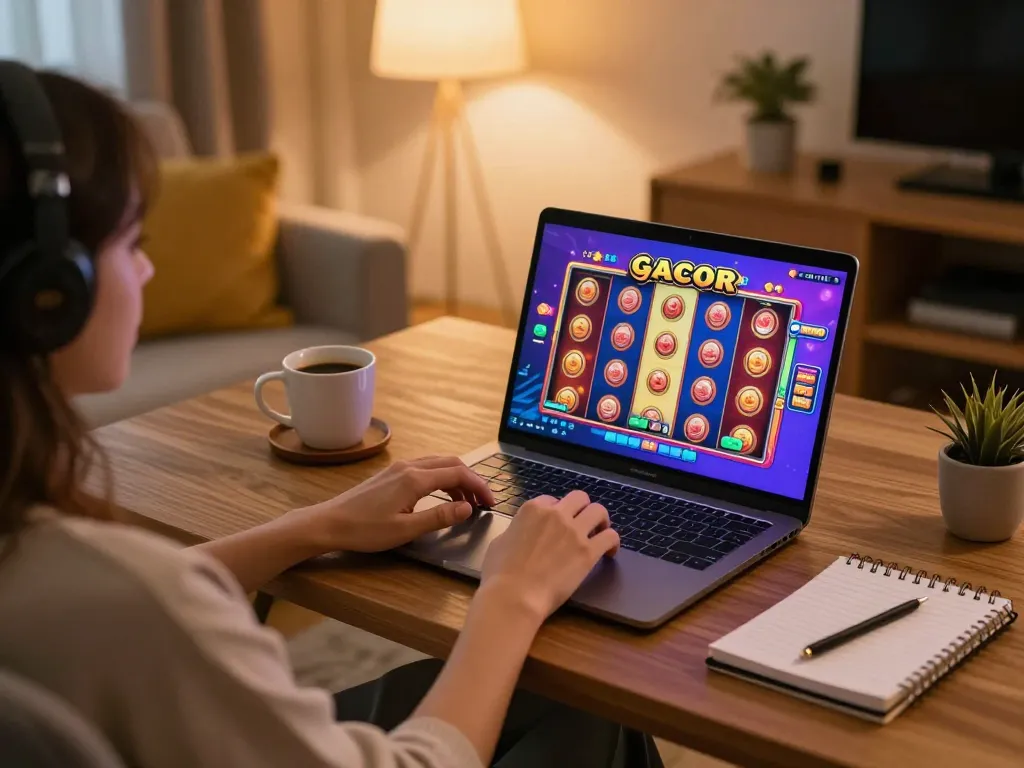Pemain yang terlibat menikmati slot gacor di laptop di rumah, menampilkan suasana bermain yang nyaman.