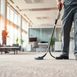 Expert technician performing commercial carpet cleaning in a professional office with modern decor.