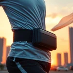 Runner showcasing running belts in action during a sunset marathon.