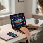 Experience gameplay at nhà cái sc88 with a person engaged in online betting from a cozy home office.