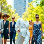 Fashion models displaying stylish summer outfits in a vibrant urban park setting.