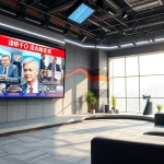 Engaging news studio features dynamic headlines and images with a modern setup.