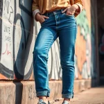 Stylish model wearing womens boyfriend jeans against a vibrant urban backdrop.