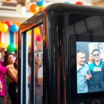 Capture memories with a stylish photo booth rental at your event, featuring cheerful guests and vibrant props.