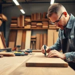 Craftsman creating custom cabinets in a well-lit workshop, showcasing skill and craftsmanship.