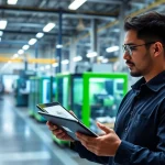 Engineer collaborating on designs for ODM manufacturing in a modern factory setting.