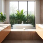 Inviting modern bathroom remodel near me with elegant sinks and freestanding bathtub.