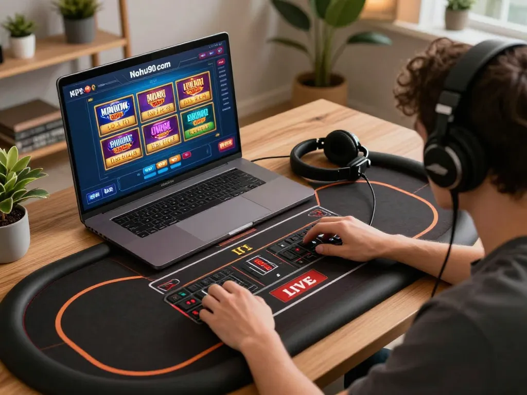 Nohu90 com player engaged in online slot games on laptop, showcasing a cozy gaming setup.