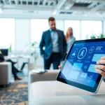 A dynamic scene of an enterprise ai assistant enhancing teamwork and collaboration in a modern office.