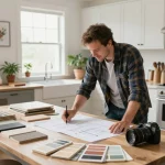 Kitchen renovation consultation scene at https://www.crediblekb.com with contractor reviewing plans and design elements