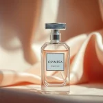Admiring the Olympea perfume with its elegant bottle in a soft pastel setting.