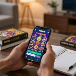 Person using 888top casino app on smartphone in a cozy gaming setup, engaging with vibrant slot graphics.
