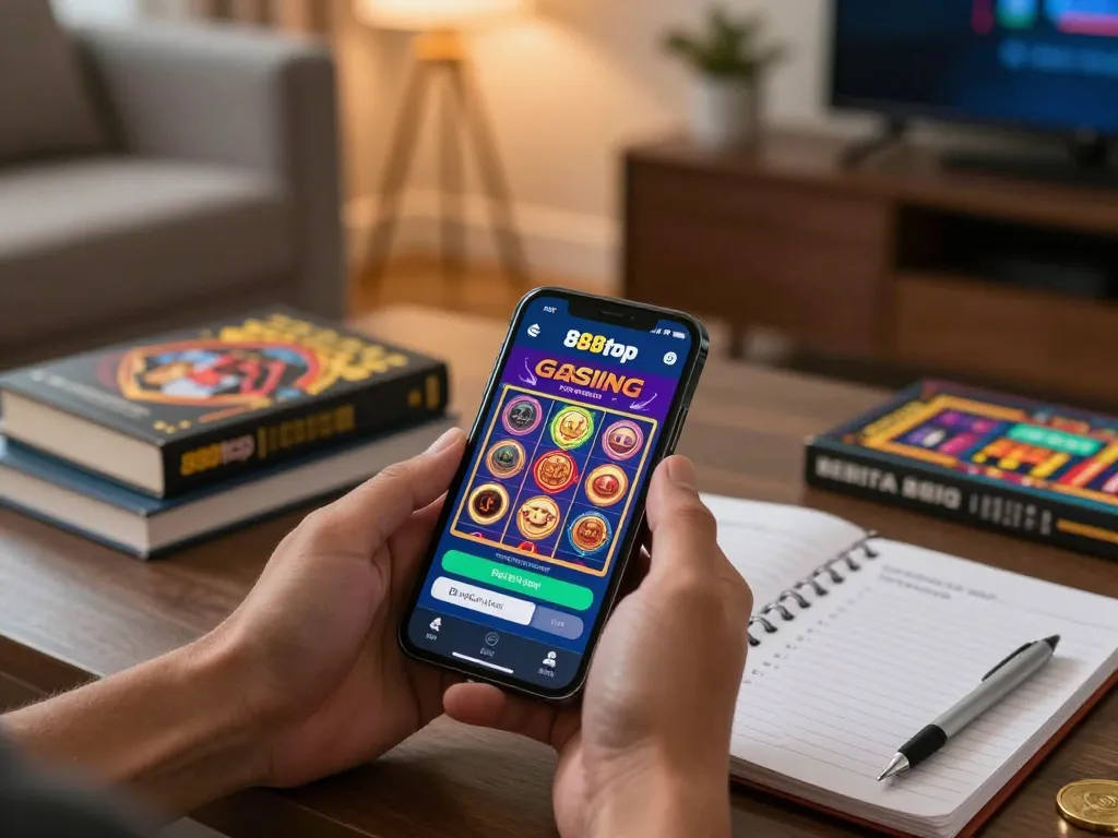 Person using 888top casino app on smartphone in a cozy gaming setup, engaging with vibrant slot graphics.