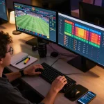 Placing bets on sports with 8kbetbh shown on multiple screens in a modern desk setup