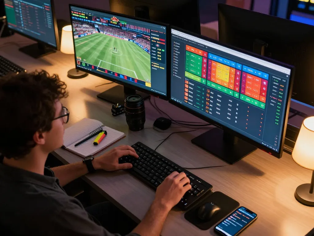 Placing bets on sports with 8kbetbh shown on multiple screens in a modern desk setup