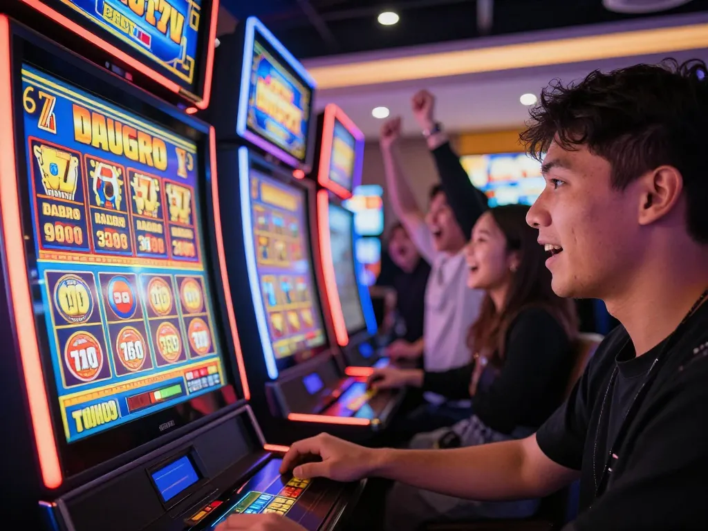 Experience slot gacor malam ini in action as a player spins the reels, celebrating wins in a vibrant casino atmosphere.