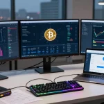 Explore crypto mining service workspace featuring monitors with Bitcoin statistics in a modern environment