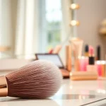 Application of an angled makeup brush highlighting its precision and design.