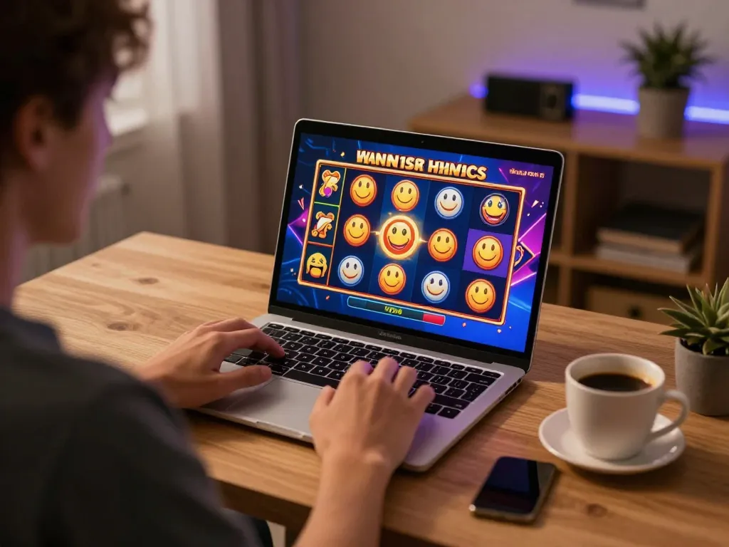 Playing thrilling slot depo 10 game on a laptop in a cozy home setting