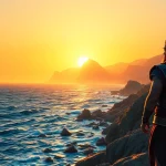 Explore the odyssey meaning origin through a stunning depiction of Odysseus observing an ancient landscape.