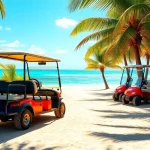 Rent a San Pedro Belize Golf Cart Rental parked by the beach, perfect for island exploration.