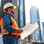 New York City Construction Manager supervising a lively construction site, showcasing urban development.