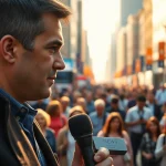 Breaking News scene featuring a determined journalist reporting live.