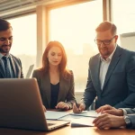 Analyzing federal and state contracts in a collaborative office setting with business professionals.