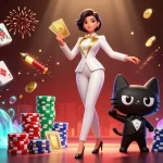 Engage in online video chat with a glamorous woman and her cat, shuffling cards.