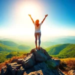 Empower women through confidence coaching, featuring a triumphant woman on a mountain peak.