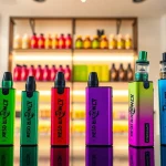 Experience the vibrant Funky Republic disposable vapes showcased in a modern boutique setting.