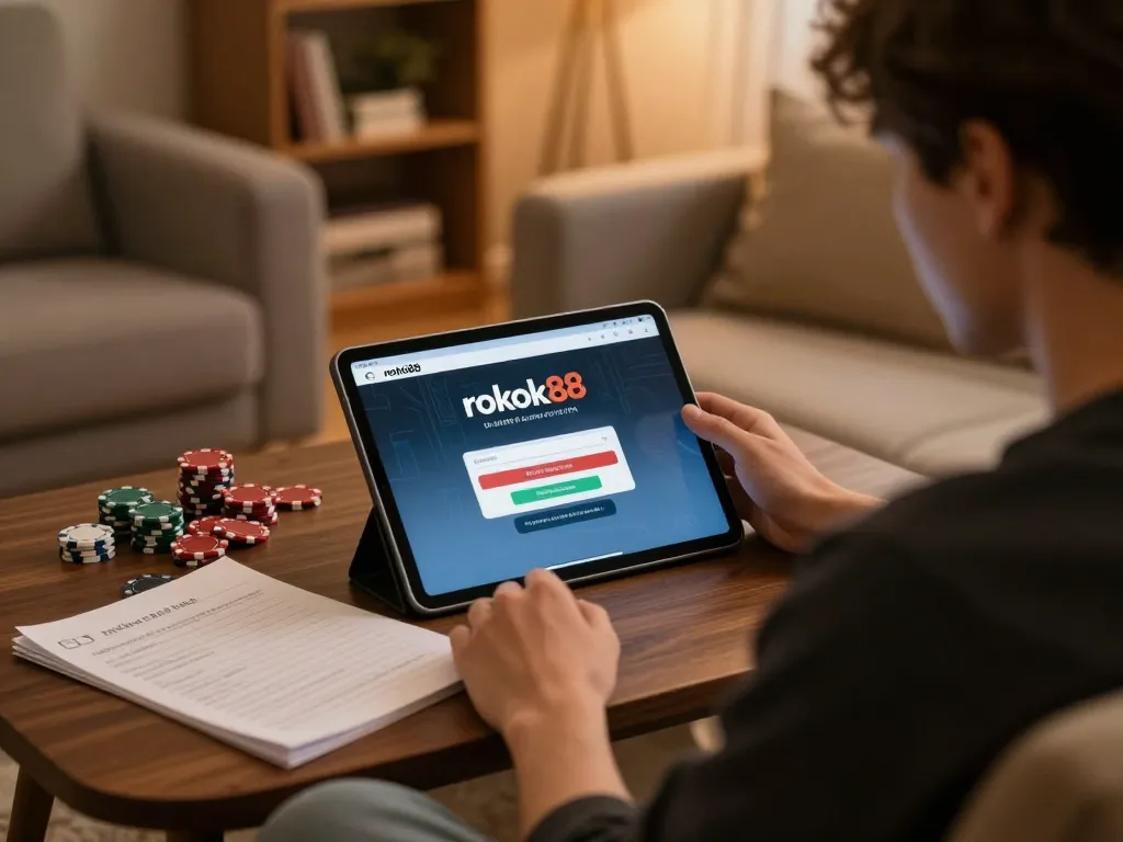 Players engaging with rokok88 login on tablet while managing poker strategy and chips.
