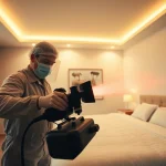 Technician executing bed bug heat treatment in a modern bedroom.