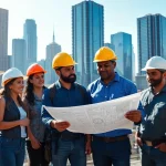 New York City Commercial General Contractor collaborating with a team on-site with skyscrapers.
