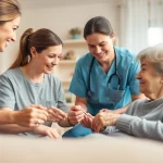 Engaging scene of at home senior care showing caregivers assisting elderly individuals in a cozy environment.