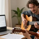 Guitar instructor online teaching a student during a video call, showcasing personalized classical guitar lessons.
