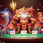 Experience the excitement of IDCASH88 with Neptune as the centerpiece of a vibrant casino scene filled with poker elements.