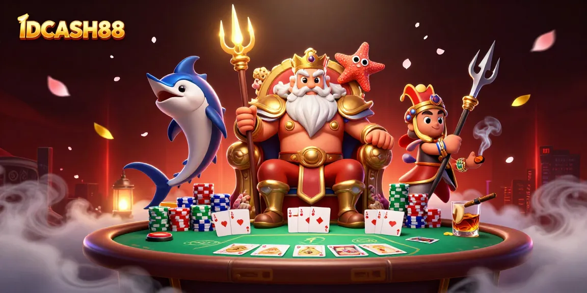 Experience the excitement of IDCASH88 with Neptune as the centerpiece of a vibrant casino scene filled with poker elements.
