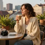 A woman in a cozy knitted cardigan enjoying a warm drink at a café, showcasing sustainable fashion.