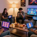 Friends enjoying online slot games in a cozy living room setup, vibrant graphics on screens.