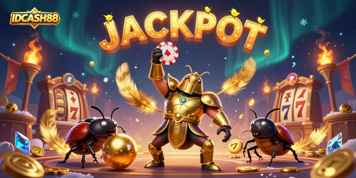 Win big with IDCASH88 as cartoon beetles celebrate a jackpot in a vibrant casino scene.