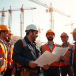 Construction network association fostering teamwork in a vibrant building site scene.