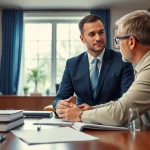 Sarasota personal injury lawyer consulting with a client in a bright, professional office setting.